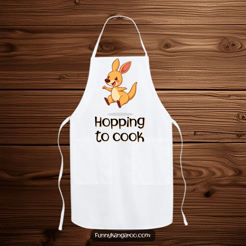 Funny Bouncing Kangaroo Apron, cartoon kangaroo mid-leap with a delighted expression, adding fun to kitchen attire.
