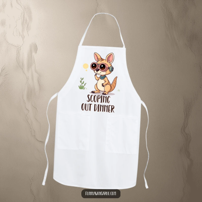 Funny Kangaroo Bot Apron: A curious kangaroo bot uses playful oversized binoculars, adding humor to kitchen tasks.