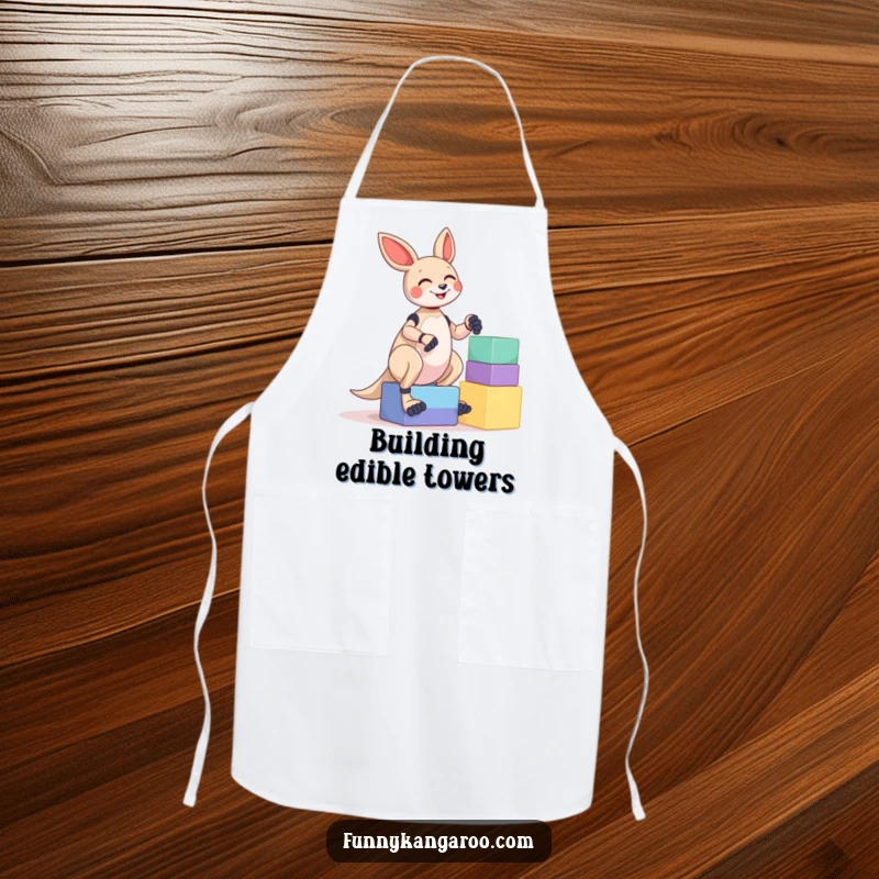 Funny Kangaroo Bot Apron: A giggling kangaroo bot is depicted trying to balance a tall stack of oversized blocks while in a kitchen setting.