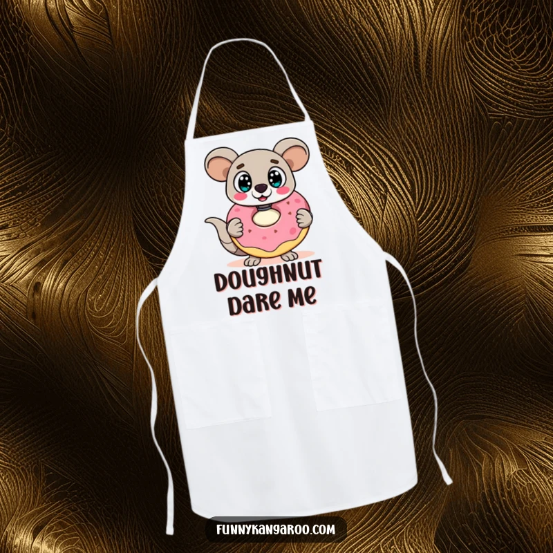 Funny Kangaroo Bot Apron: A surprised kangaroo bot with wide eyes holds a giant, wobbly doughnut, ready for humorous kitchen adventures.