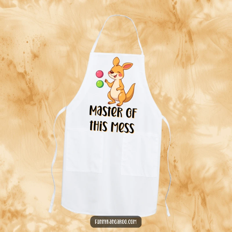 Funny kangaroo apron with a giggling cartoon kangaroo juggling three colorful balls, perfect for adding humor to cooking.