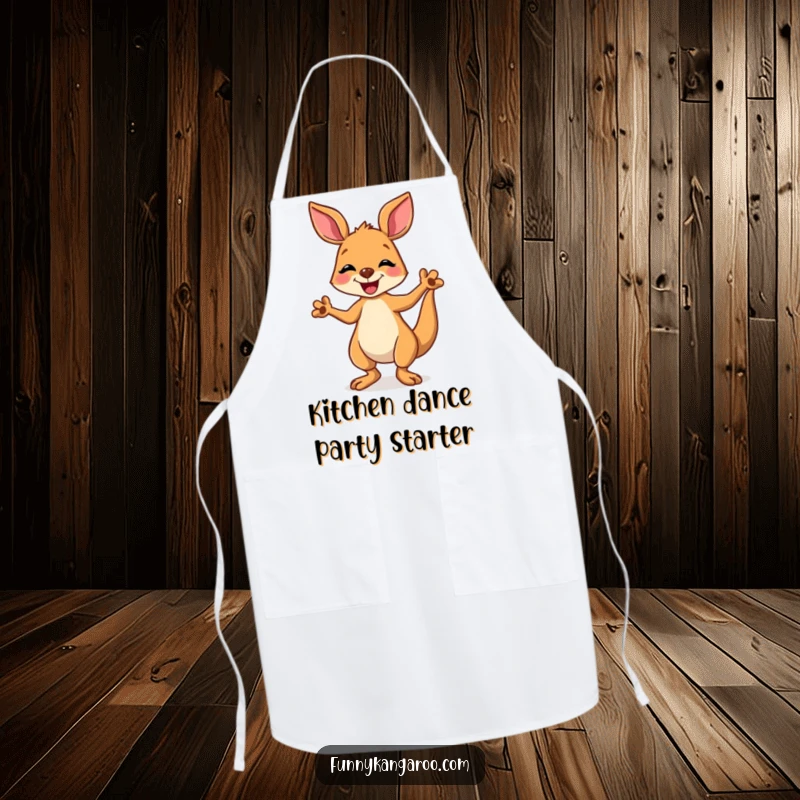 Funny kangaroo apron with a joyful cartoon kangaroo doing a happy, silly dance, adding humor to cooking.