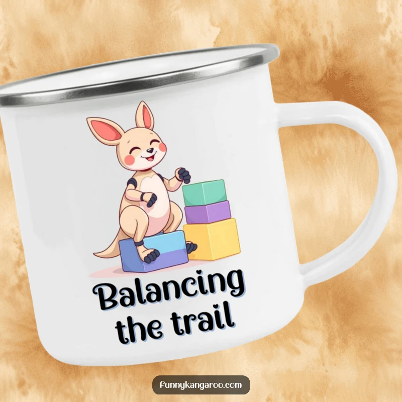 Funny Kangaroo Bot Camping Mug: A giggling kangaroo bot hilariously tries to balance a stack of colorful blocks beside a campfire scene.