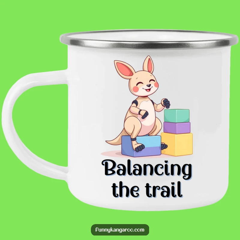 Funny Kangaroo Bot Camping Mug: Giggle Bot Balancing Blocks Campfire Cup