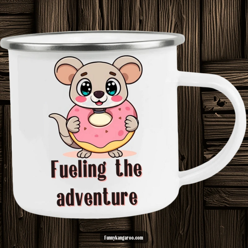 Funny Kangaroo Bot Camping Mug: A surprised kangaroo bot with wide eyes holds a giant, wobbly doughnut, ready for outdoor fun.