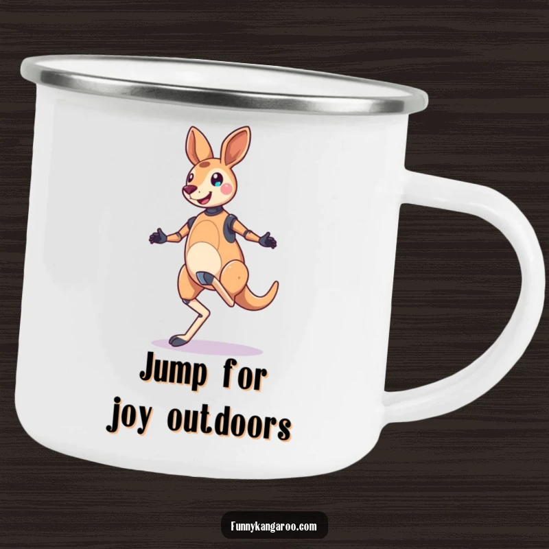 Funny Kangaroo Bot Camping Mug: A jubilant kangaroo bot performs a bouncy, skipping hop, perfect for enjoying outdoor drinks humorously.
