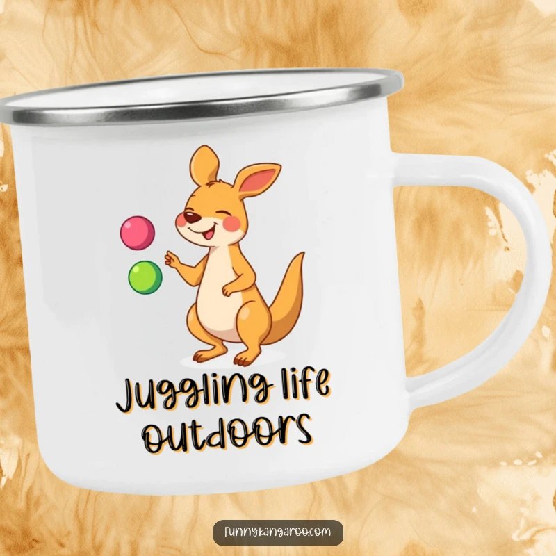 Funny kangaroo camping mug showing a giggling cartoon kangaroo juggling three colorful balls, built for durability and outdoor fun.
