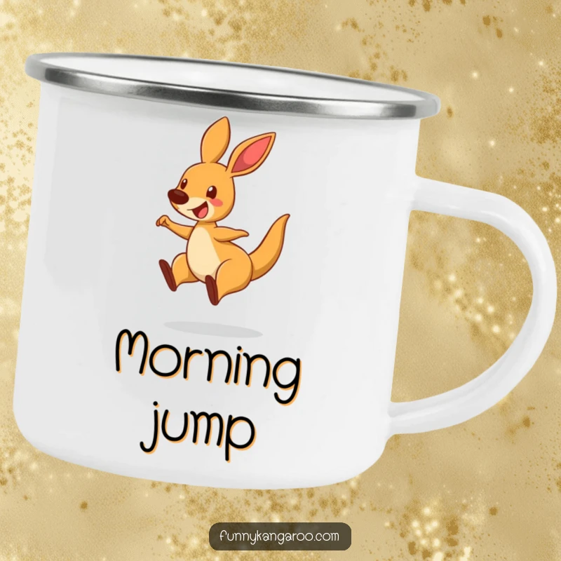Funny Bouncing Kangaroo Camping Mug, cartoon kangaroo mid-leap with a delighted expression, perfect for outdoor brews.