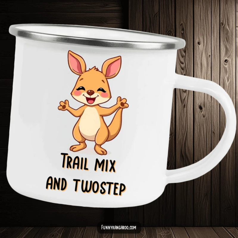 Funny kangaroo camping mug showing a joyful cartoon kangaroo doing a happy, silly dance, built for durability and outdoor fun.