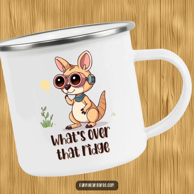 Funny Kangaroo Bot Camping Mug: A curious kangaroo bot peers through oversized playful binoculars, perfect for exploring the outdoors humorously.