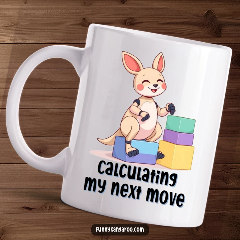 Funny Kangaroo Bot Mug: A giggling bot struggles to balance a tall, colorful stack of oversized blocks, showcasing a humorous, chaotic moment.