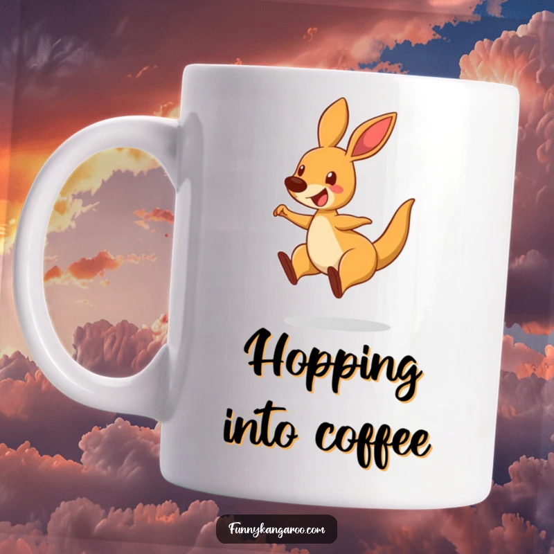 Funny Bouncing Kangaroo Mug, cartoon style, mid-leap with a delighted expression, perfect for morning drinks.
