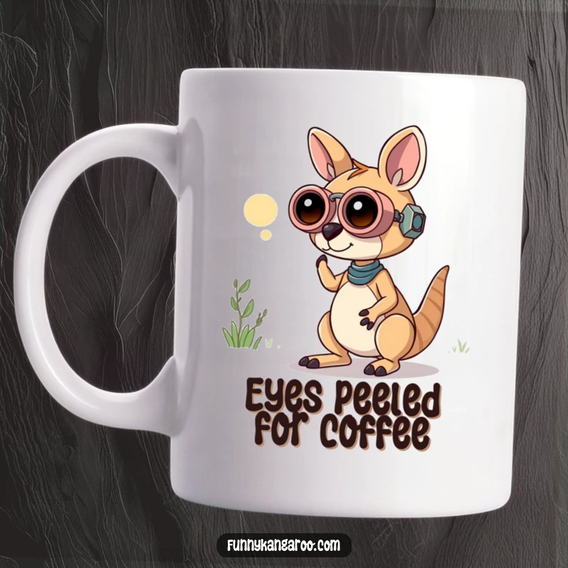 Funny Kangaroo Bot Mug: A curious kangaroo bot peers through oversized playful binoculars, seeking adventure and humor.