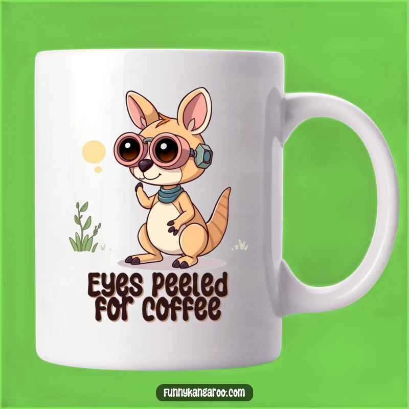 Funny Curious Kangaroo Bot Mug: Bot Binoculars, Playful Explorer, Humorous Gift!