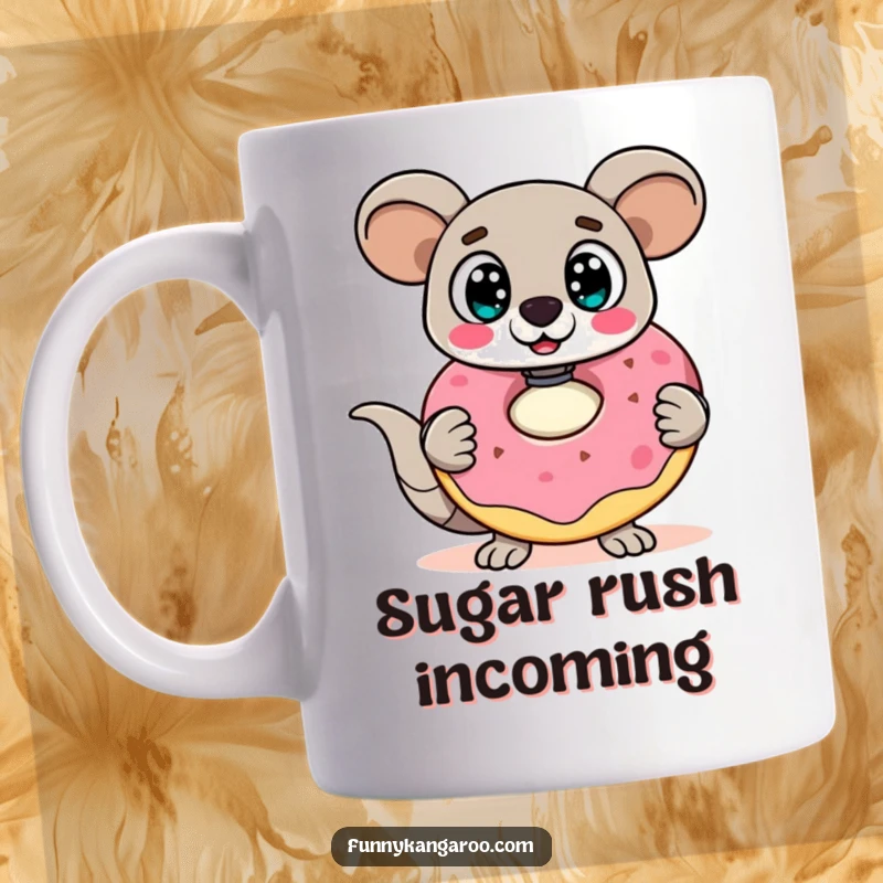 Funny Surprised Kangaroo Bot Mug: A kangaroo bot with wide, startled eyes nervously holds a comically large, wobbly doughnut.