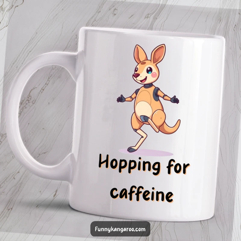 Funny Kangaroo Bot Mug: A jubilant kangaroo bot performs a bouncy, skipping hop with both feet, radiating pure robotic joy.