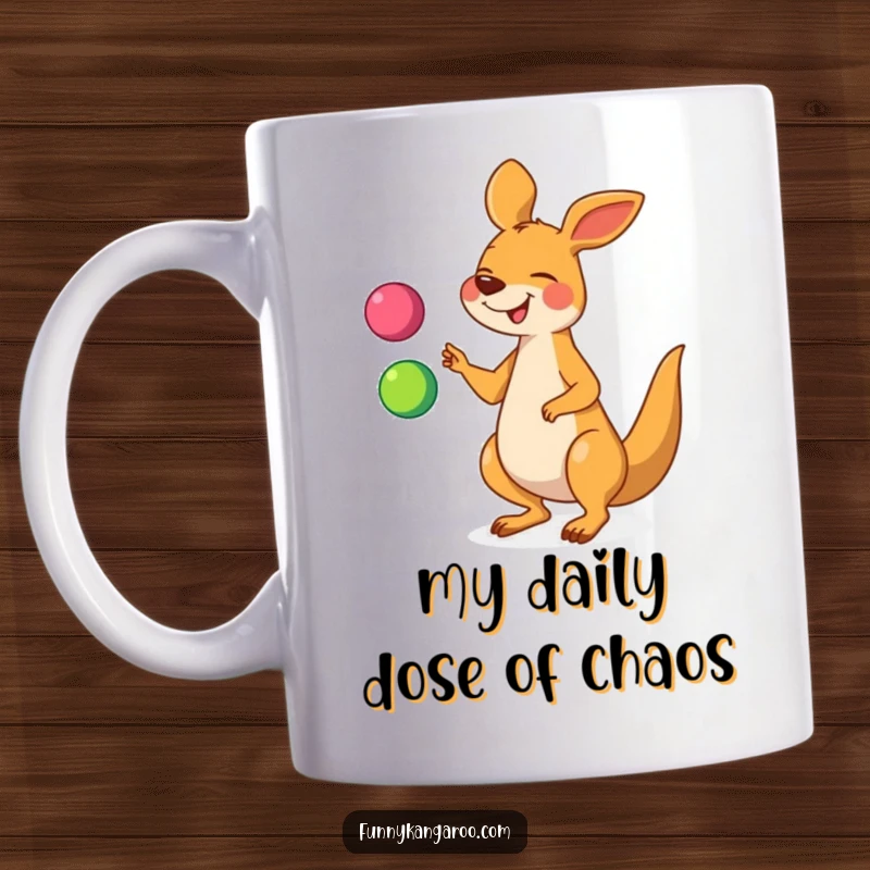Funny kangaroo mug featuring a giggling cartoon kangaroo playfully juggling three vibrant, colorful balls with a happy expression.