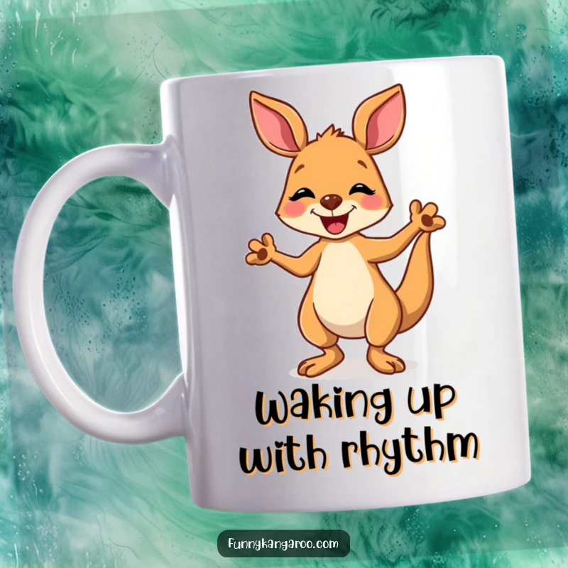 Funny kangaroo mug featuring a joyful cartoon kangaroo doing a silly, happy dance with its paws up in the air.