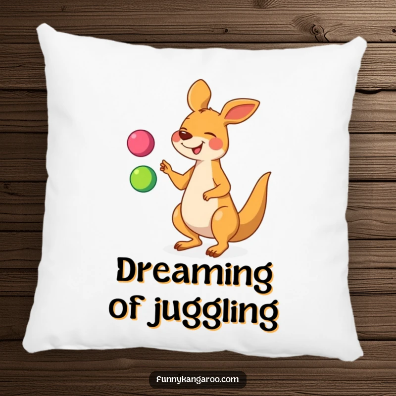 Funny kangaroo pillow featuring a giggling cartoon kangaroo juggling three colorful balls, providing soft comfort and humorous appeal.