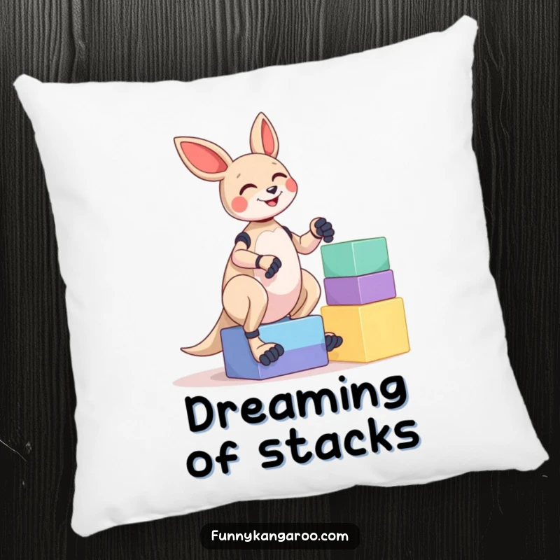 Funny Kangaroo Bot Pillow: A giggling kangaroo bot joyfully attempts to balance a colorful stack of oversized blocks, perfect for a humorous touch.