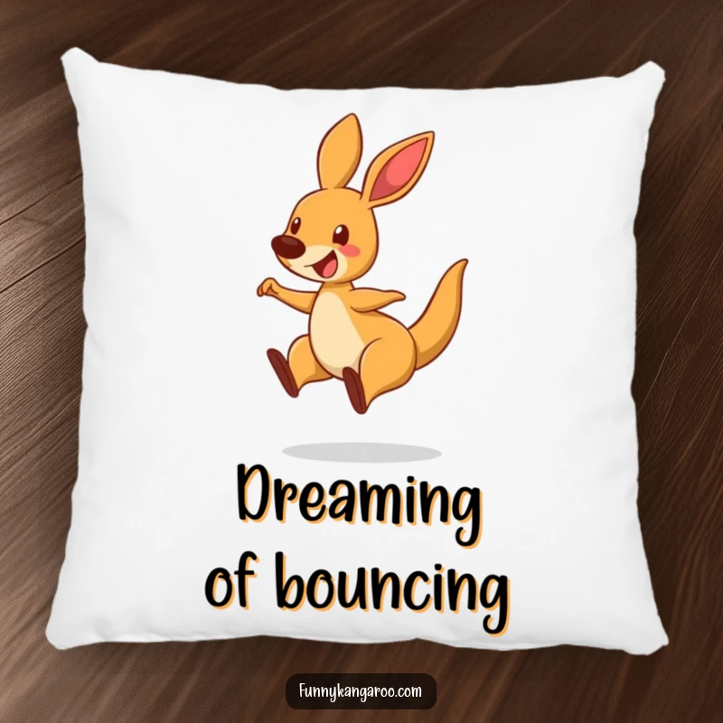Funny Bouncing Kangaroo Pillow, cartoon kangaroo mid-leap with a delighted expression, perfect for comfy humor.