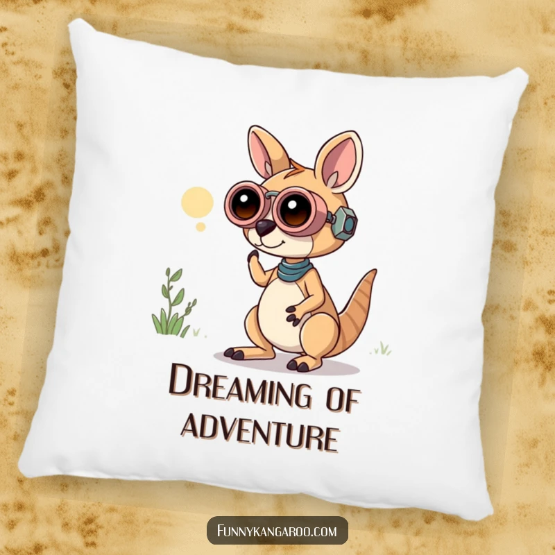 Funny Kangaroo Bot Pillow: A curious kangaroo bot peers through oversized playful binoculars, offering soft comfort and exploration humor.