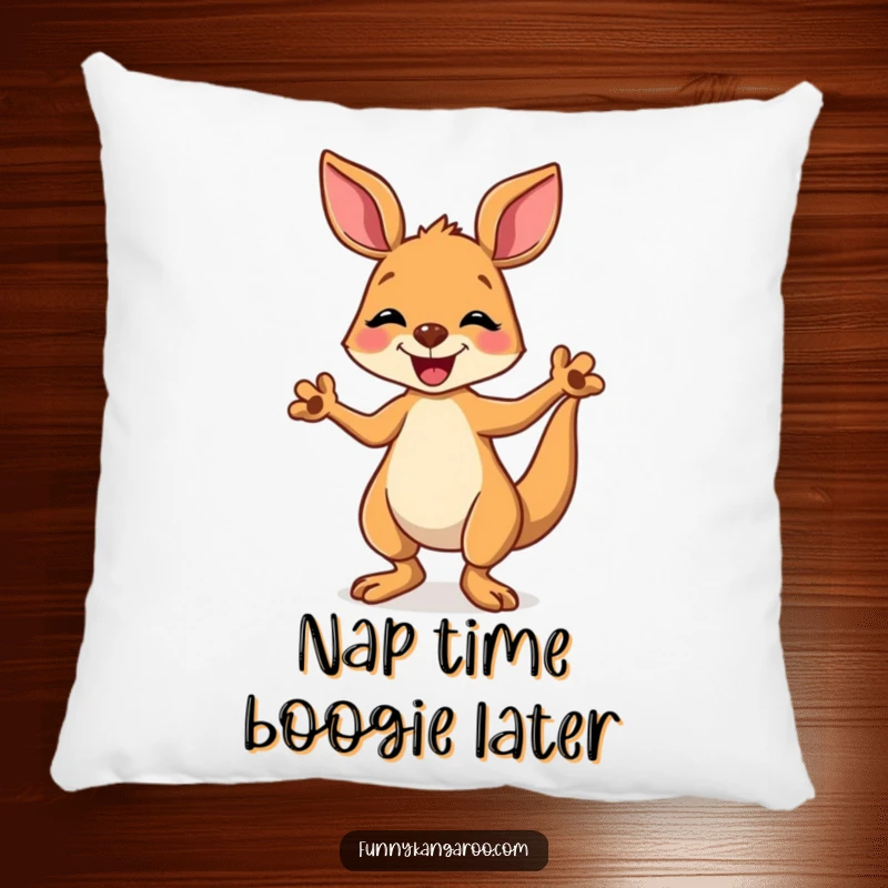 Funny kangaroo pillow featuring a joyful cartoon kangaroo doing a happy, silly dance, providing soft comfort and whimsical appeal.