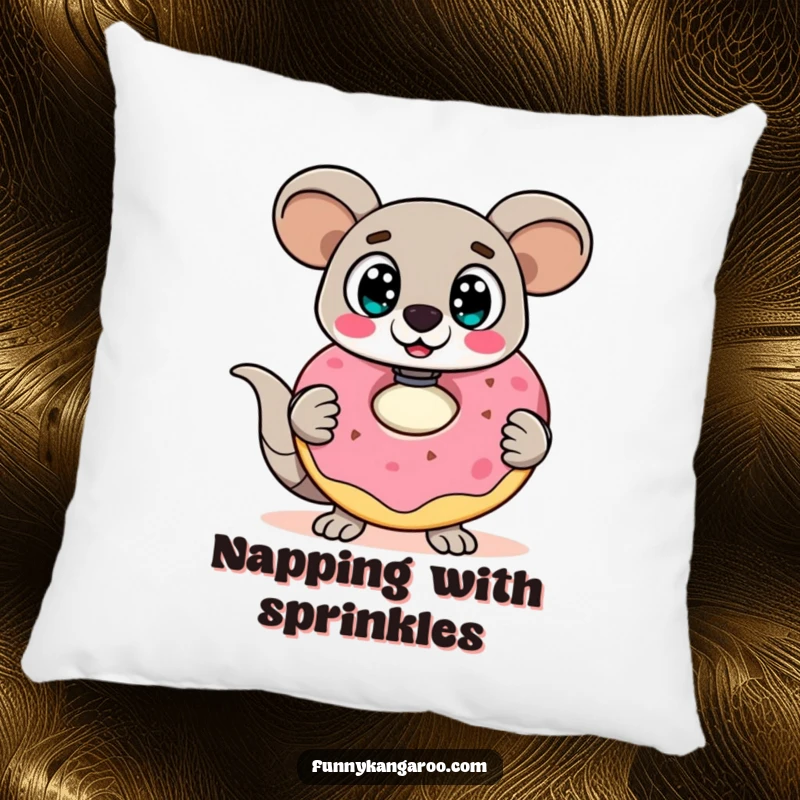 Funny Kangaroo Bot Pillow: A surprised kangaroo bot with wide eyes holds a giant, wobbly doughnut, perfect for a humorous and comfy accent.
