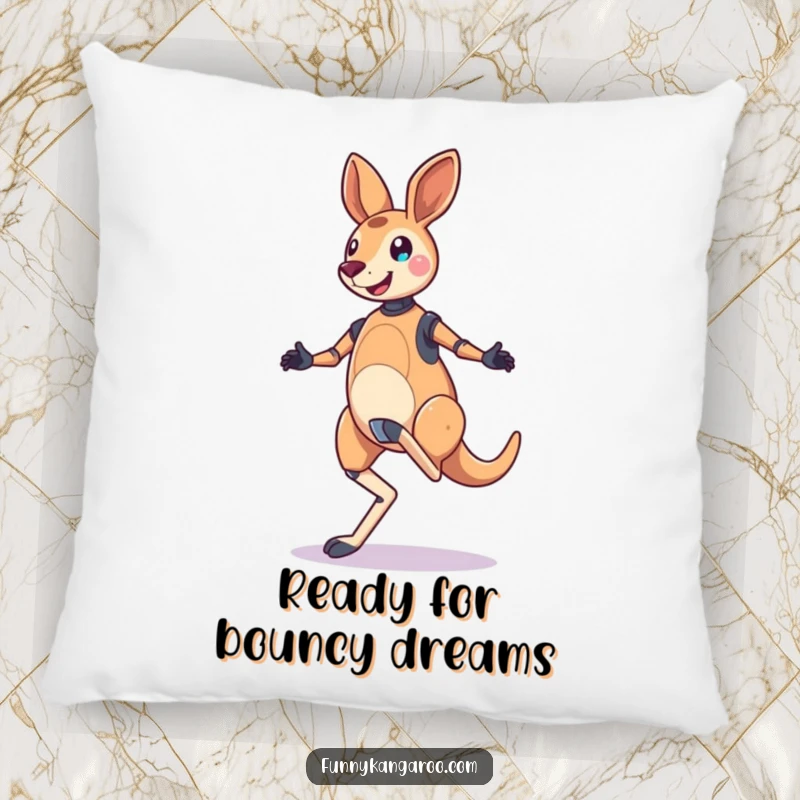 Funny Kangaroo Bot Pillow: A jubilant kangaroo bot performs a bouncy, skipping hop, offering soft comfort and robotic cheer.