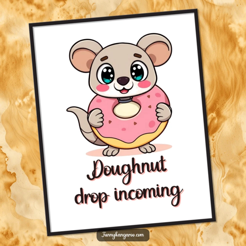 Funny Kangaroo Bot Digital Art: A surprised kangaroo bot with wide eyes holds a giant, wobbly doughnut, creating a humorous and eye-catching digital piece.