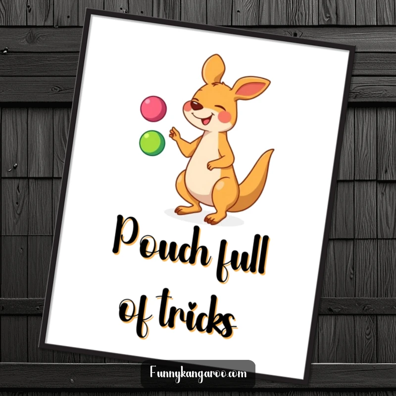 Funny kangaroo digital art print of a giggling cartoon kangaroo juggling three colorful balls, offering instant humor and charm.