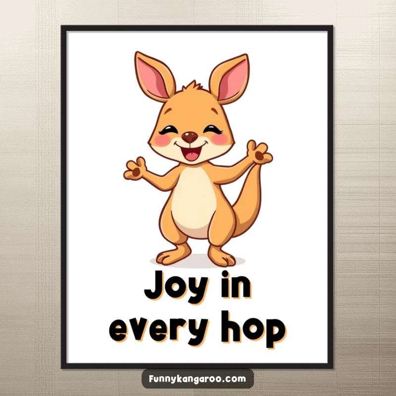 Funny kangaroo digital art print of a joyful cartoon kangaroo doing a happy, silly dance, offering instant cheer.