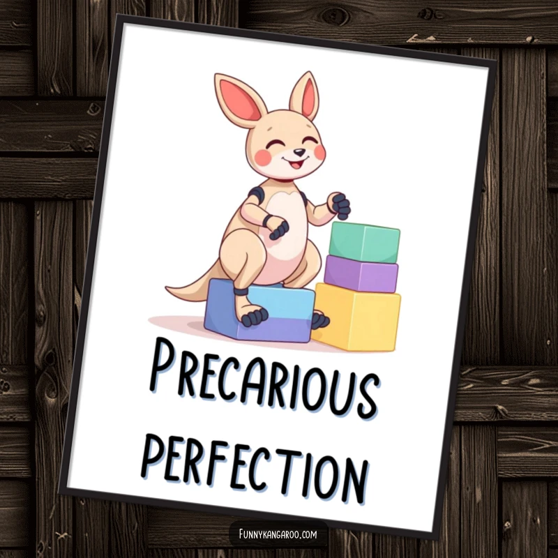 Funny Kangaroo Bot Digital Art Print: A giggling kangaroo bot attempts to balance a tall stack of colorful, oversized blocks, conveying playful energy.