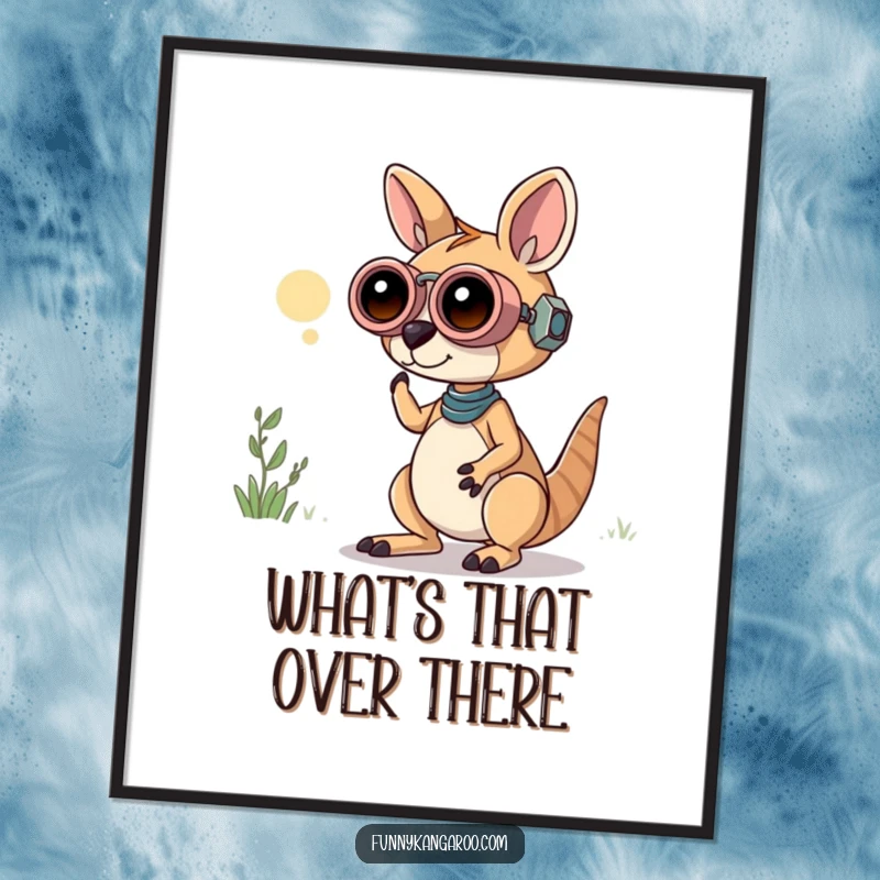 Funny Kangaroo Bot Digital Art Print: A curious kangaroo bot peers through oversized playful binoculars, creating a humorous and adventurous artwork.