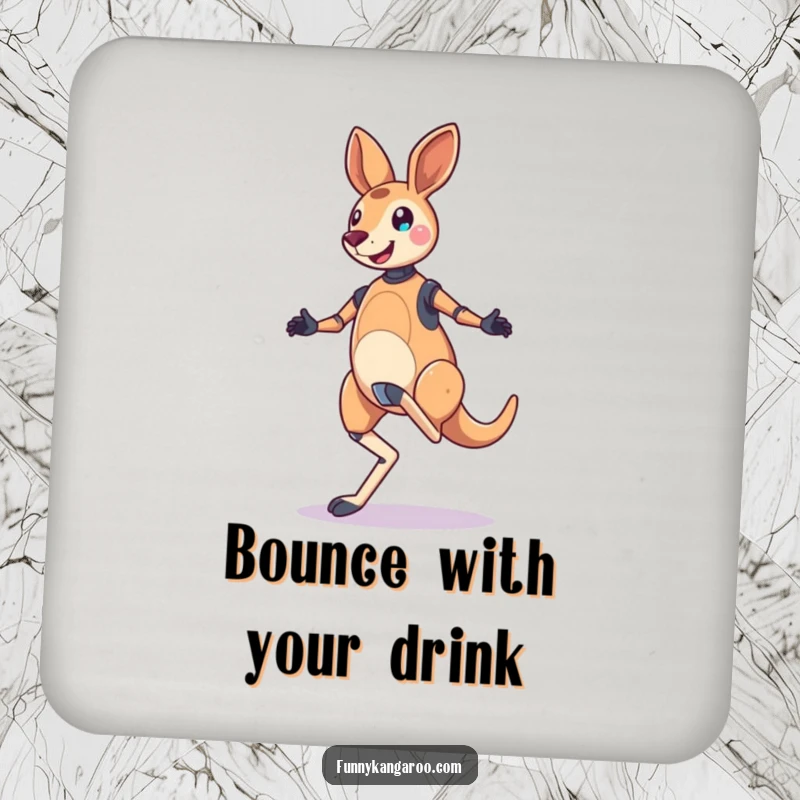 Funny Kangaroo Bot Coaster: A jubilant kangaroo bot performs a bouncy, skipping hop, offering humorous surface protection.