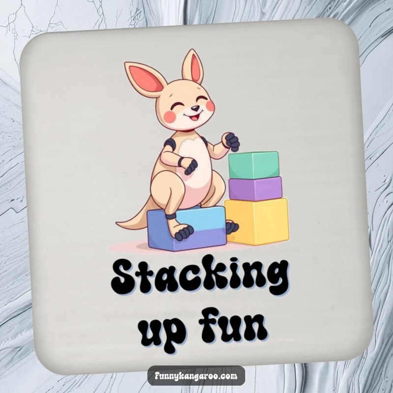 Funny Kangaroo Bot Coaster: A giggling kangaroo bot is shown balancing a stack of colorful, oversized blocks, preventing spills with humor.