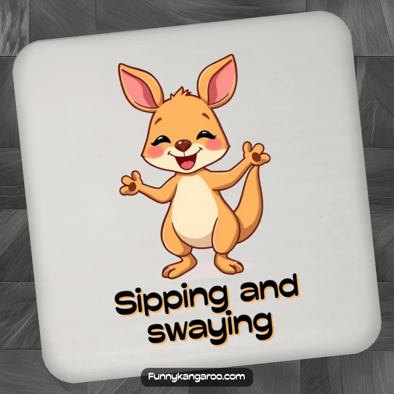 Funny kangaroo drink coaster featuring a joyful cartoon kangaroo doing a happy, silly dance, protecting surfaces with charm.