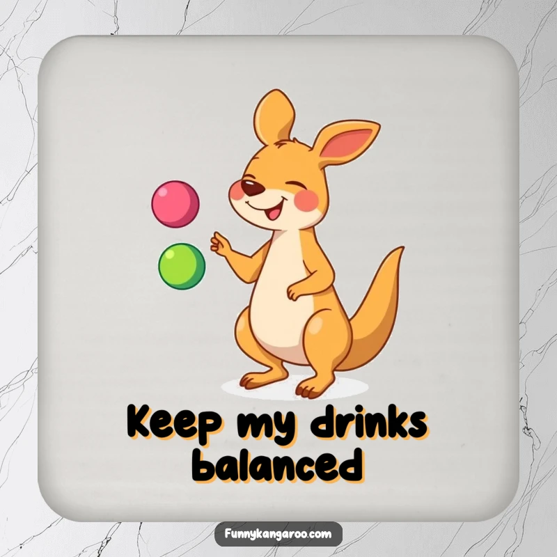 Funny kangaroo drink coaster featuring a giggling cartoon kangaroo juggling three colorful balls, protecting surfaces with humor.