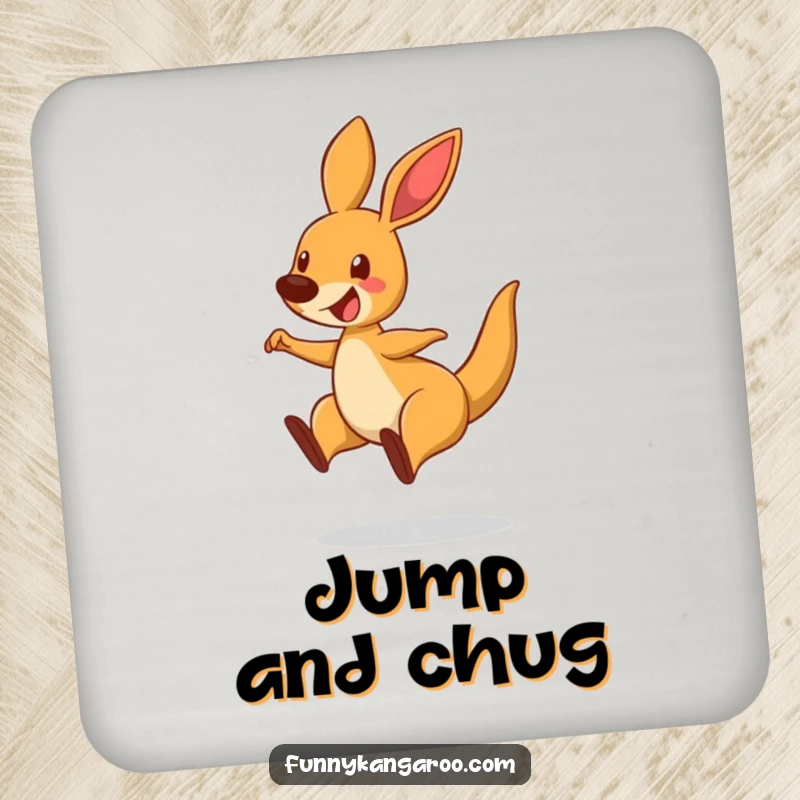 Funny Bouncing Kangaroo Drink Coaster, cartoon kangaroo mid-leap with a delighted expression, humorous protection.