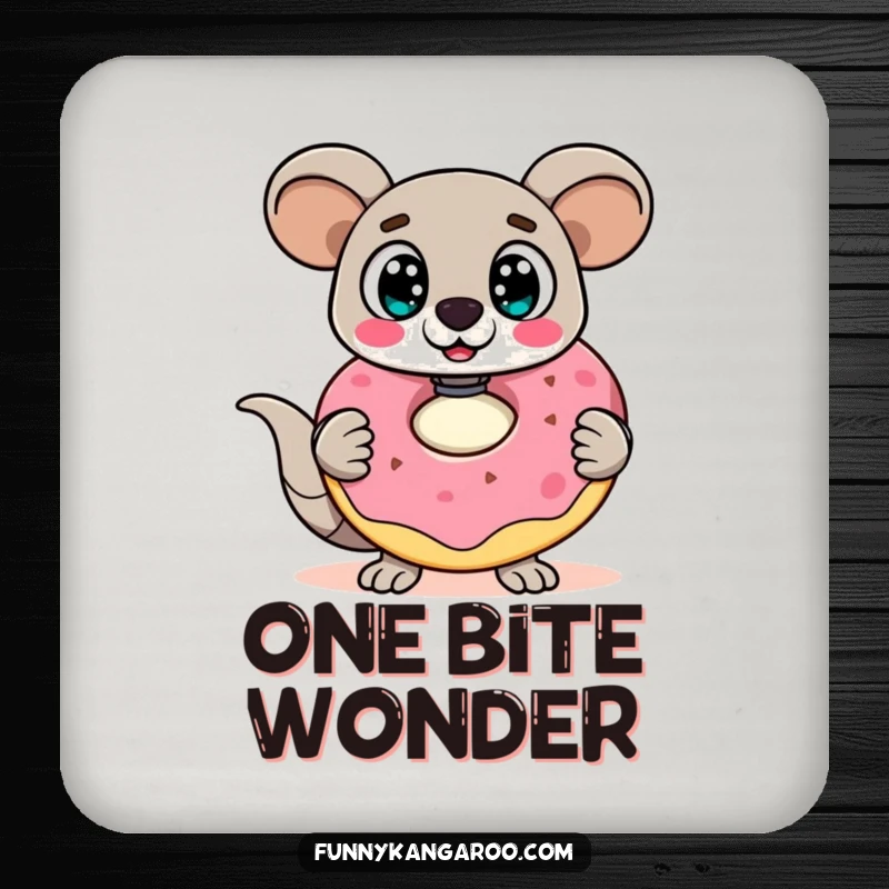 Funny Kangaroo Bot Coaster: A surprised kangaroo bot with wide eyes holds a giant doughnut, protecting surfaces with a humorous, sweet design.
