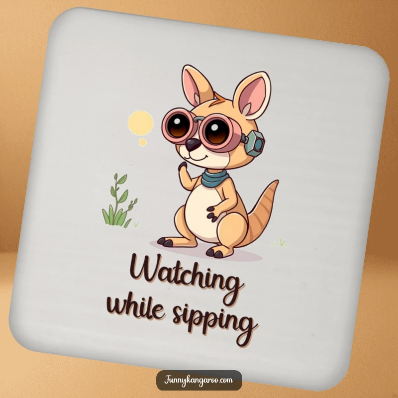 Funny Kangaroo Bot Coaster: A curious kangaroo bot peers through oversized playful binoculars, offering humorous surface protection.