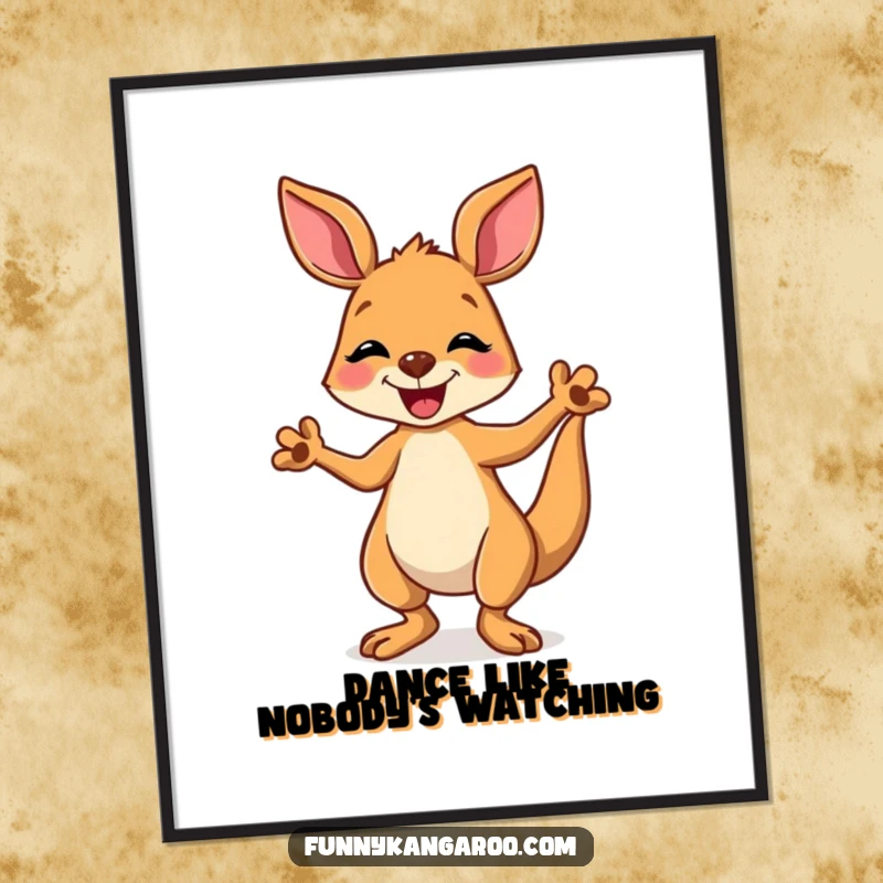 Funny kangaroo poster depicting a joyful cartoon kangaroo performing a happy, silly dance with its paws enthusiastically raised.