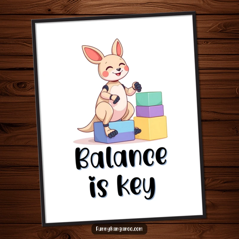 Funny Kangaroo Bot Poster: A giggling kangaroo bot attempts a precarious balancing act with a tall stack of colorful, oversized blocks.
