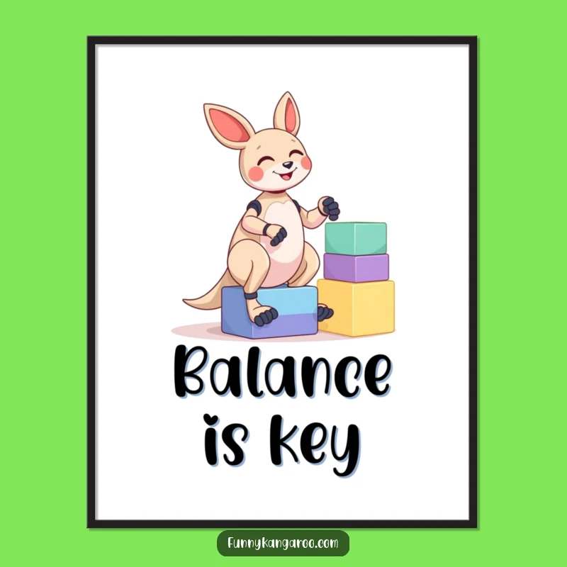 Funny Kangaroo Bot Poster: Giggle Bot Balancing Blocks Wall Art Gift