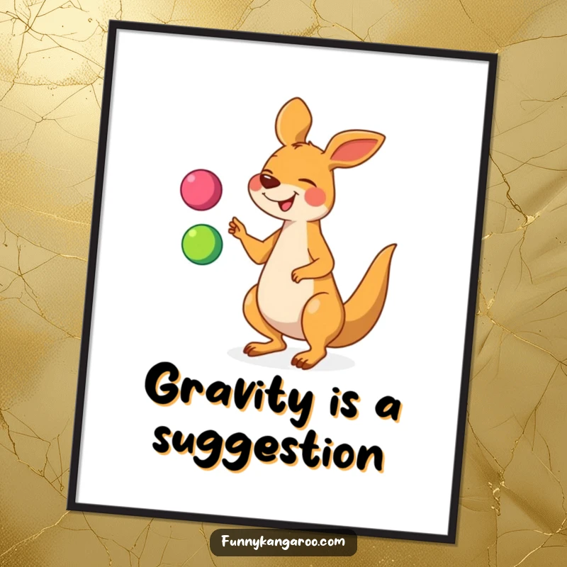 Funny kangaroo poster showing a giggling cartoon kangaroo expertly juggling three bright, multi-colored balls, perfect for whimsical wall art.