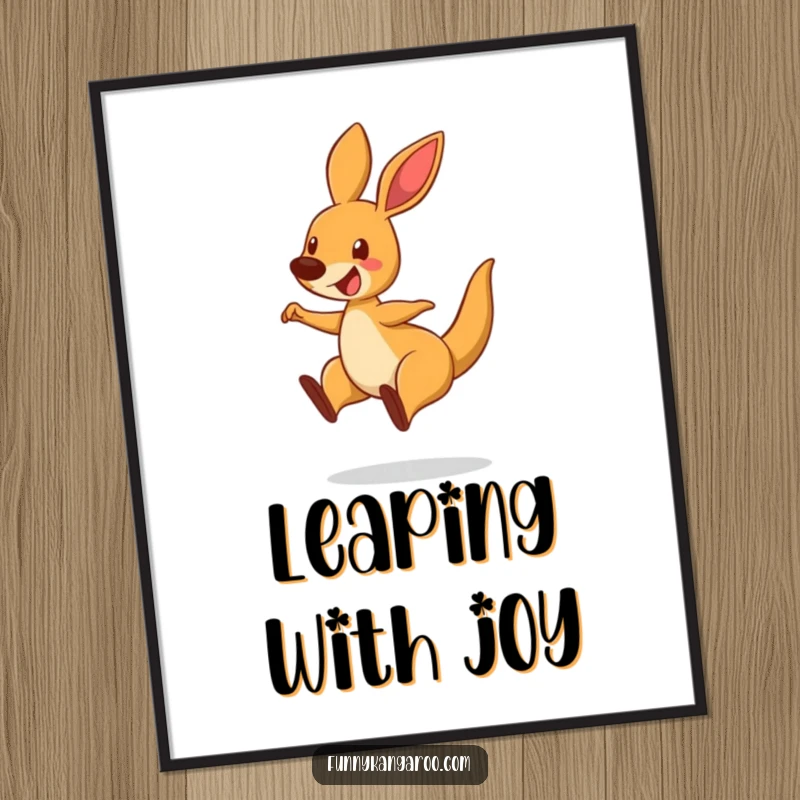 Funny Bouncing Kangaroo Poster, cartoon kangaroo mid-leap with a delighted expression, ideal for vibrant wall art.