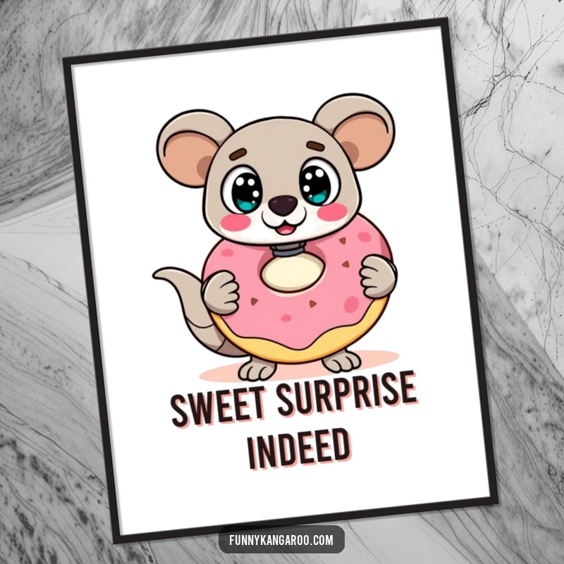 Funny Kangaroo Bot Poster: A surprised kangaroo bot with wide eyes holds a giant, wobbly doughnut, creating a humorous and eye-catching display.