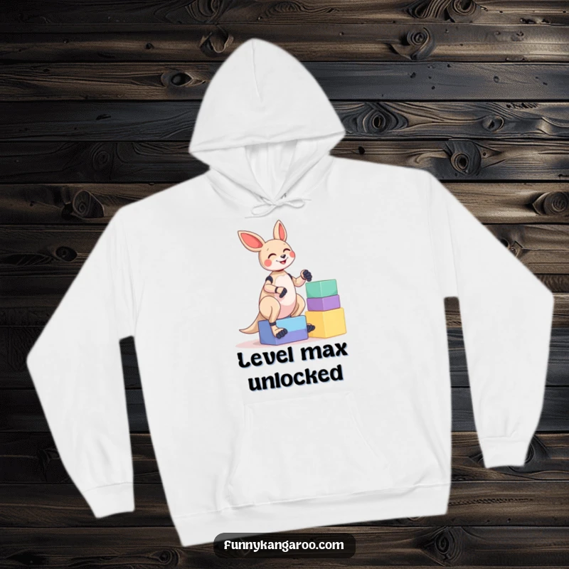 Funny Kangaroo Bot Hoodie: A cheerful kangaroo bot giggles while attempting to keep a towering stack of oversized blocks from tumbling down.