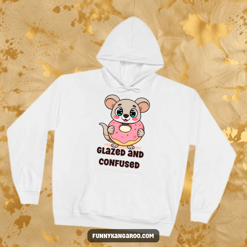 Funny Kangaroo Bot Hoodie: A surprised kangaroo bot with wide eyes holds a huge, wobbly doughnut, ready for a comical treat.