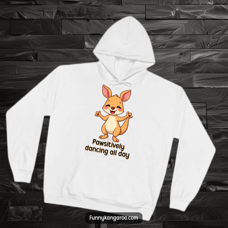 Funny kangaroo hoodie featuring a joyful cartoon kangaroo doing a happy, silly dance, designed for comfort and fun.